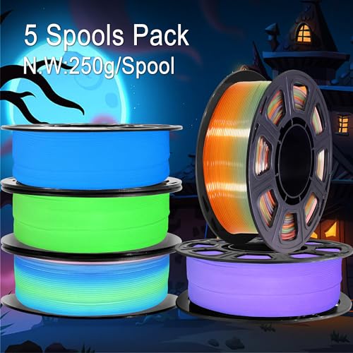 1.75mm PLA 3D Printer Filament Bundle: Glow in Dark Green, Blue, Purple, Rainbow, One Spool Clear Multi Colored Rainbow, Each Spool 250g, Total 1.25Kg 3D Printing Filament, 250g x 5 Spools PLA