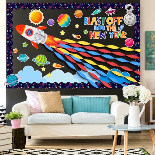 Pasimy Outer Space Bulletin Board with Crepe Paper Streamers 3D Space Themed Classroom Decor Galaxy Stars Planet Astronaut Cutouts for Back to School First Day of School Supplies Chalkboard Wall Decor