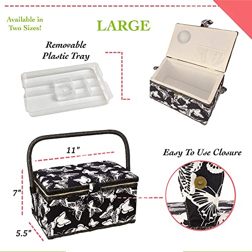 Sewing Basket with Floral Print Design - Sewing Kit Storage Box with Removable Tray, Built-in Pin Cushion and Interior Pocket - by Adolfo Design (Medium - 11" x 7" x 5.5", Butterfly Design) - color: Butterfly Design, size: Medium - 11" x 7" x 5.5"