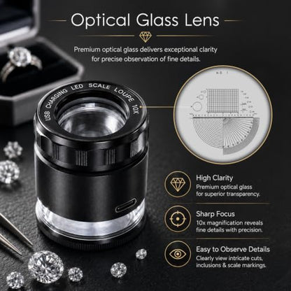 10X Rechargeable Jewelers Loupe Magnifier with LED Light & Detachable Reticle Scale, 25mm Field of View, Adjustable Focus Scale Loupe Jewelry Magnifying Glass for Gems, Coins, Watches, Close Work - color: 1 Glass Reticle Scale