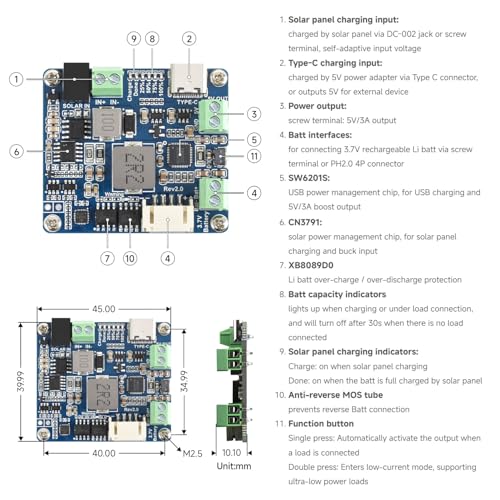 Waveshare Solar Power Manager Module (D), Solar Charge Controller USB, Supports 6V~24V Solar Panel and Type-C Power Adapter, 5V/3A Regulated Output, with Battery Holder (Batteries are Not Included)
