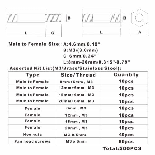 200PCS M3 Brass Male-Female Hex Standoffs Kit w/ 304 SS Screws & Nuts - size: M3