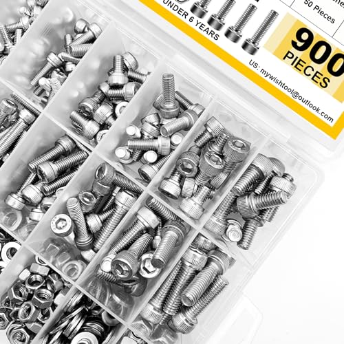 Mywish 900Pcs M3 M4 M5 M6 Metric Screw Assortment, 304 Stainless Steel Nuts and Bolts, Hex Socket Head Cap Metric Bolts/Nuts/Flat Washers Kit Anti Rust 16 Sizes 8mm to 20mm, Hex Wrenches - color: SIiver, size: 900Pcs M3 M4 M5 M6