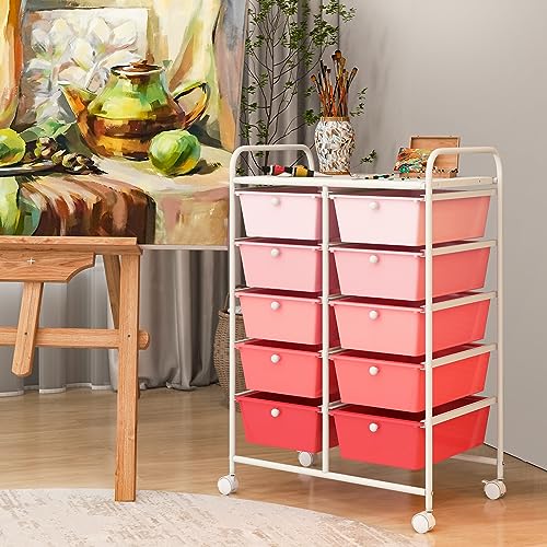 COSTWAY 10 Drawer Rolling Storage Cart, Utility Cart with Lockable Wheels - color: Mixed Pink, size: 10 Drawer