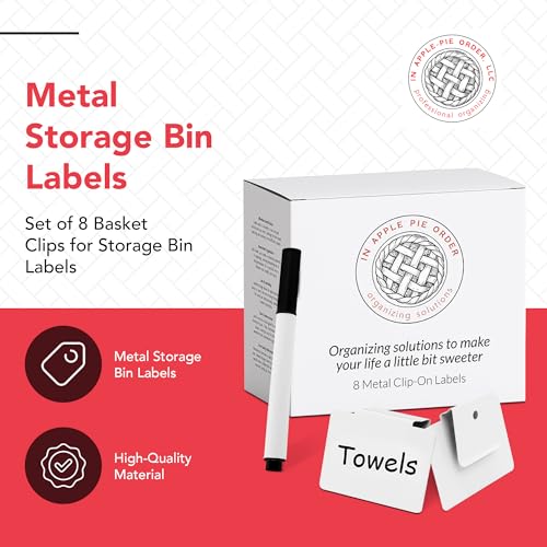 Labels for Storage Bins | Metal Storage Bin Clips (2.5” x 3.5”) - Set of 8 Basket Clip On Tags for Storage Bins w/Non-Slip Grip Pads & Dry Erase Marker - Removable Bin Labels for Storage Baskets