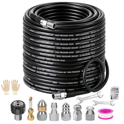 Sewer Jetter Kit for Pressure Washer 100FT, 5800PSI Drain Cleaner Hose 1/4 Inch NPT Corner Rotating and Button Nose Sewer Jetting Nozzle Pearl Corsage Pin Waterproof Tape with Spanner (100FT) - size: 100FT
