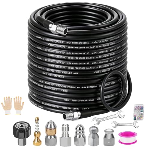Sewer Jetter Kit for Pressure Washer 100FT, 5800PSI Drain Cleaner Hose 1/4 Inch NPT Corner Rotating and Button Nose Sewer Jetting Nozzle Pearl Corsage Pin Waterproof Tape with Spanner (100FT) - size: 100FT