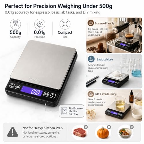 KitchenTour Mini Gram Scale for Coffee, Jewelry and Small Items, 500g x 0.01g Digital Pocket Scale with Tare, 6 Units, Back-Lit LCD, 2 Trays, Black (Pack of 2) - size: 500g/0.01g (Pack of 2)