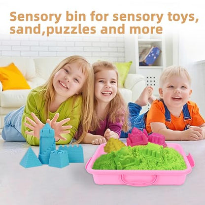 3 Pcs Plastic Sensory Bins-Portable Sandbox Container with Handle & Clear Lid-Stackable Play Tray for Kids Storage Sand,Toys & Crafts-Organizing Container for Home,Office and More(Green+Blue+Pink)