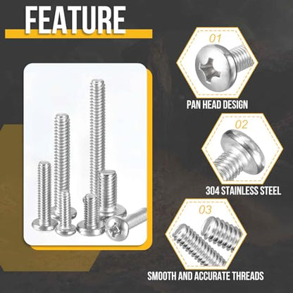 DTGN M4-0.7 Phillips Pan Head Bolt W/Nut Washer 304 Silver 500pcs - size: M4-0.7x5/6/8/10/12/16/20