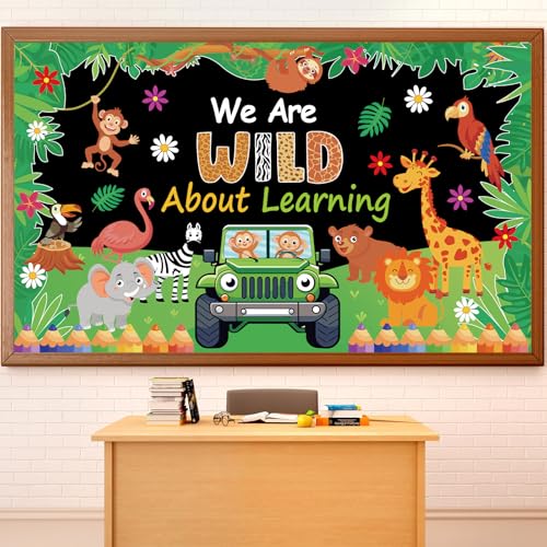 We are Wild About Learning Bulletin Board Set Jungle Animals Truck Classroom Decoration Safari Animal Forest Adventure Paper Cutouts for Teacher Back to School Chalkboard Wall Preschool Supplies - style: Safari Animal