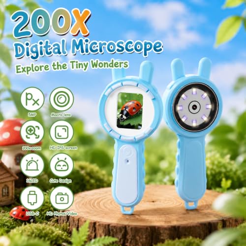 Kids Microscope Autofocus Magnifier STEM Gifts Toys for Ages 4-12 - color: Pink-rabbit ear