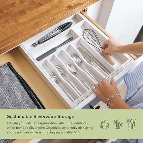 KitchenEdge Silverware & Utensil Organizer | White Bamboo, 16-28 In - color: White Bamboo, size: From 16" to 28" Wide