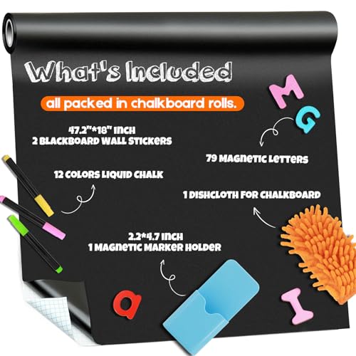 Magnetic Chalkboard Contact Paper for Wall 47.2" x 18" 2 Pcs with 93Pcs Kit - color: Black 2pcs, size: 47.2"W x 18"H