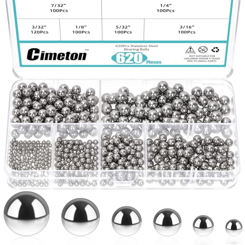620PCS 6 Sizes Loose Bicycle Bearing Balls Assortment Kit Bearing Steel Ball Precision Steel Ball for Bicycles Skateboard Casters 3/32” 1/8” 5/32” 3/16” 7/32” 1/4”