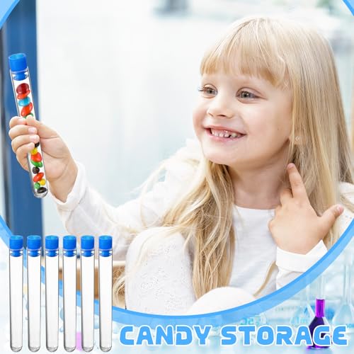 50 Pake 8 ml Clear Test Tubes with Caps 12x100mm Plastic Vials Test Tubes for Scientific Experiments Halloween Christmas Scientific Themed Birthday Party Supplies Candy Storage (Blue) - color: Blue