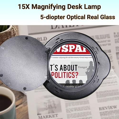 15X Magnifying Glass Desk Lamp with Clamp, Real Glass Lens with Dust Cover, 84 LEDs, 5 Color Modes, 10 Brightness Dimmable, Long Flexible Swing Arm Magnifier for Reading, Crafting, Repair, Close Works
