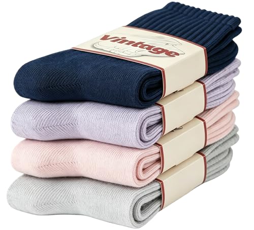 DAUCO 4 Pairs 98% Cotton Socks for Men Women Crew Seamless Fall Slouchy Socks - color: 4 Pairs - Navy Blue+light Purple+light Pink+light Grey, size: 10-13
