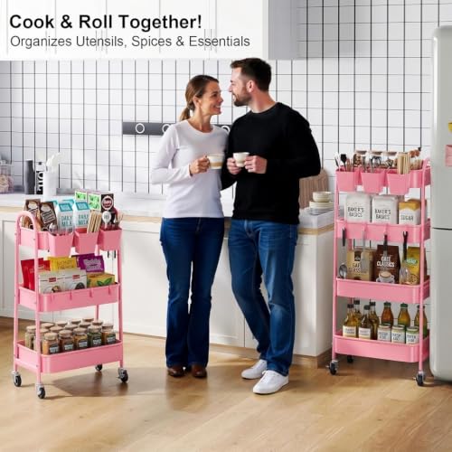 4 Tier Rolling Cart Metal with Lockable Wheels, Four Tiered Utility Carts - color: Fashion Pink, size: 4 tier