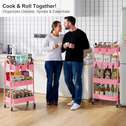 4 Tier Rolling Cart Metal with Lockable Wheels, Four Tiered Utility Carts - color: Fashion Pink, size: 4 tier