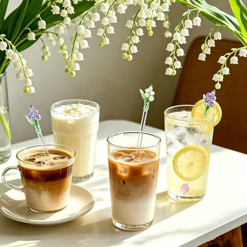 Homestia Glass Stirring Spoon, Swizzle Sticks with White Lily of the Valley - color: 2 PCS + 7.1" + White pink Bells Orchids Flower + Stirring spoon