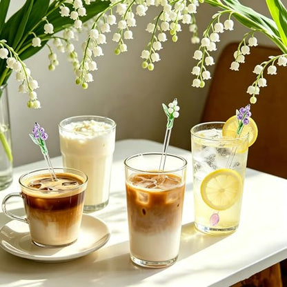 Homestia Glass Stirring Spoon, Swizzle Sticks with White Lily of the Valley - color: 2 PCS + 7.1" + White pink Bells Orchids Flower + Stirring spoon