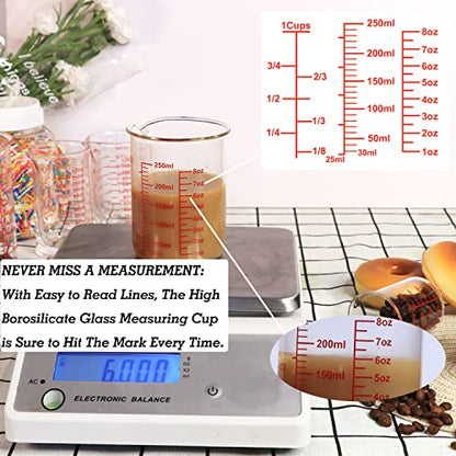 Ackers High Borosilicate Glass Measuring Cup Set with Pour Spout,60ml(2OZ),120ml(4OZ), 250ml(8OZ) Glass Measuring Beaker for Kitchen or Restaurant, Easy to Read (Pack of 2) - size: 60ml/120ml/250ml Measuring Cup Set (Pack of 2)