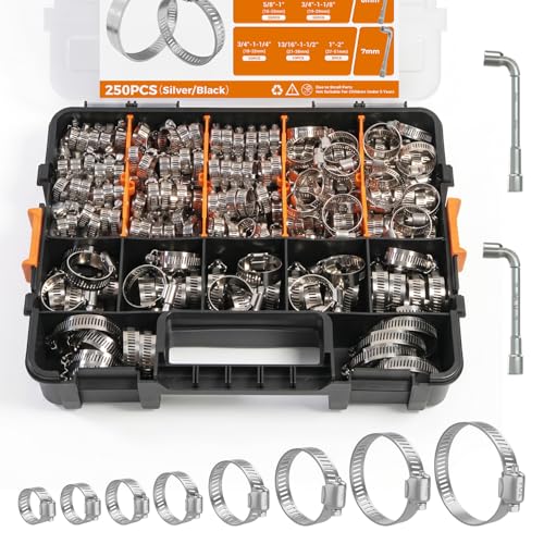 250PCS Stainless Steel Hose Clamp Assortment Kit, 8 Sizes, 1/4"-2" - color: Silver, size: 1/4"~2"(250pcs)