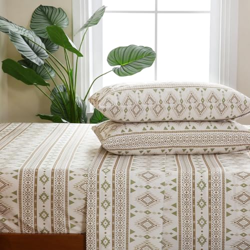 CozySmile 4 Pieces King Sheet Set Bohemian, Boho Sheets Soft Microfiber Deep Pocket, Western Sheets Geometric(King, Cream Olive Geometric) - color: B-cream Olive Geometric, size: King