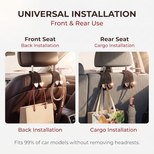 2 PCS Car Seat Headrest Hooks, Suede Multifunctional Storage Hanger for Bag & Phone & Umbrella, Load-bearing Metal Heart-shaped Double Hook, Universal Back Seat Organizer for Cars (Black)
