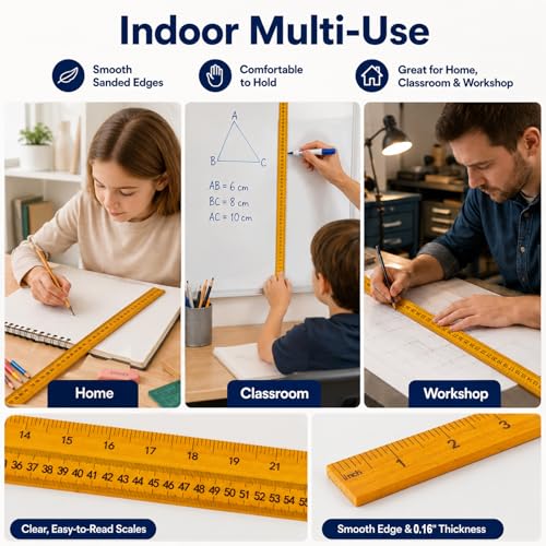 3Pcs 48 inch Yard Stick Wooden Ruler Yard Sticks Yellow Metric Ruler Straight Edge with Smooth Edges Rulers Bulk Double Sided Meter Sticks for Classroom Sewing Home Office Tailor Craft