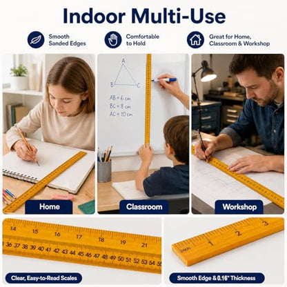 3Pcs 48 inch Yard Stick Wooden Ruler Yard Sticks Yellow Metric Ruler Straight Edge with Smooth Edges Rulers Bulk Double Sided Meter Sticks for Classroom Sewing Home Office Tailor Craft