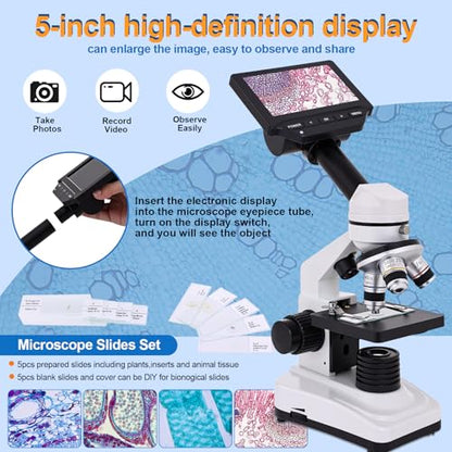 Microscope for Adults & Kids, 40X-2500X High-Power Compound Microscope for Students, School Lab & Home Schooling,Equiped with Slides Set & Phone Holder (Black and White) - color: black and white