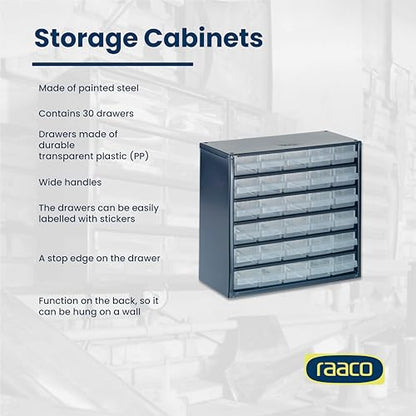 Raaco Steel Storage Cabinet, Compact 30-Drawer (C6-30), Tool Organizer - size: Compact-30D