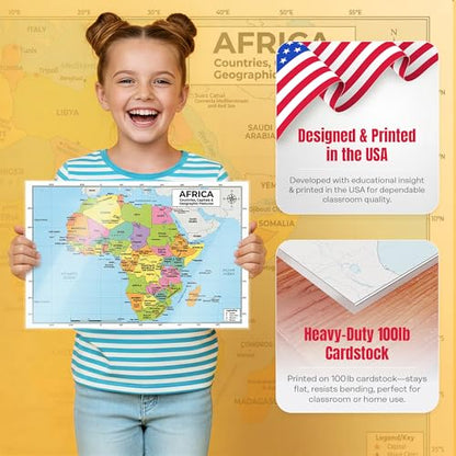 Africa Map 11x17 Laminated Dry Erase Geography Chart | Double-Sided with Color Front & Blank Outline Back | Reusable Classroom & Homeschool Tool - color: Africa