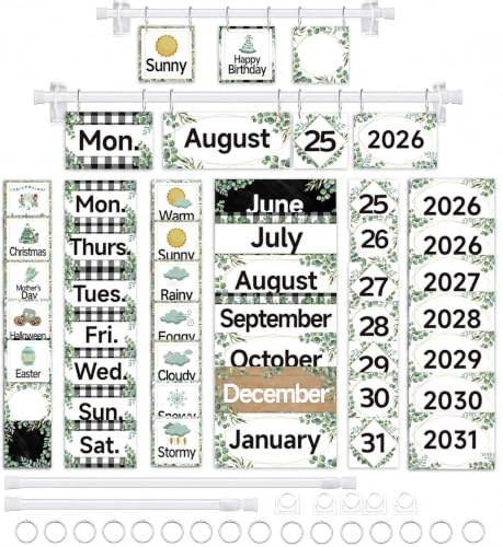 96 Cards Classroom Bulletin Board Decorations Set for Teachers,Flip Calendar with Holder for Classroom,Adjustable Calendar,Preschool Elementary Home Decor Supplies（Eucalyptus） - style: Eucalyptus