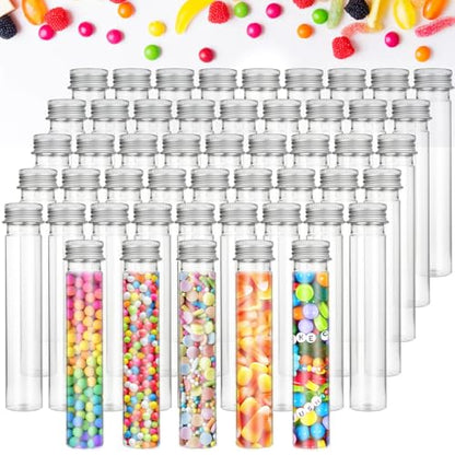 50 Pack 65ML Plastic Test Tubes with Screw Caps Plastic Candy Tubes Clear Bath Salt Tubes Gumball Tubes Container Vials for Candy Bath Salts Spices Party Favors - color: clear