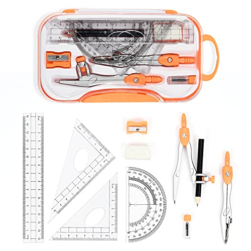 Vobou 10 pcs Math Geometry Set Student Supplies,Compass Kit Set (Orange） - color: Orange
