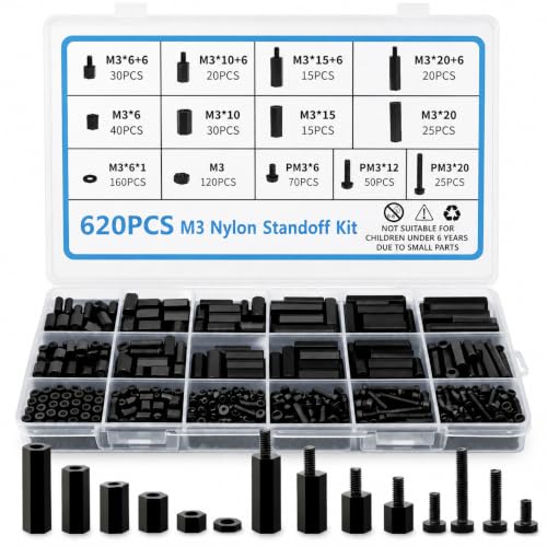 620PCS M3 Nylon Standoff Kit, Black Male Female Threaded Spacers with Screws Nuts Washers, PCB Motherboard Mounting Insulating Standoffs for Circuit Board Electronics DIY