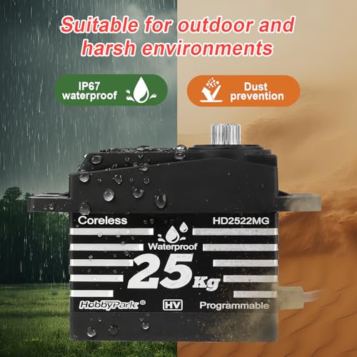 HobbyPark Waterproof 25KG RC Servo High Torque Coreless Motor Metal Gear Standard Digital Servo for 1/8 1/10 RC Cars Trucks Buggy Arduino Servo Robotic Control Angle 180 with Metal Servo Horn Arm