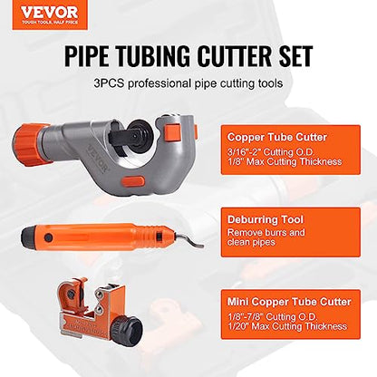 VEVOR 3PCS Tubing Cutter Set, 3/16"-2" O.D. Copper Pipe Cutter, 1/8"-7/8" O.D. Mini Tube Cutter and Deburring Tool, Heavy Duty Pipe Cutter Set for Copper, Aluminum, Stainless Steel, Plastic Pipes - size: 3/16"-2" O.D.