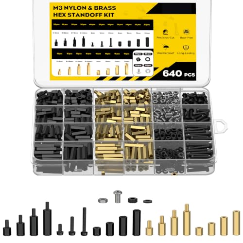 Vibit 640 Pcs M3 Brass and Nylon Standoff Kit, Male-Female & Female-Female Hex Motherboard Standoffs PCB Standoffs with Spacers Screws & Nuts, Hex Standoff Screws Assortment Kit for Circuit Boards - size: M3,640Pcs(Nylon&Brass)