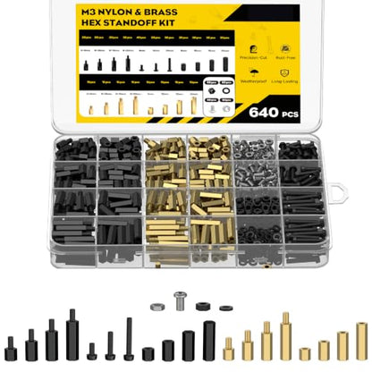 Vibit 640 Pcs M3 Brass and Nylon Standoff Kit, Male-Female & Female-Female Hex Motherboard Standoffs PCB Standoffs with Spacers Screws & Nuts, Hex Standoff Screws Assortment Kit for Circuit Boards - size: M3,640Pcs(Nylon&Brass)