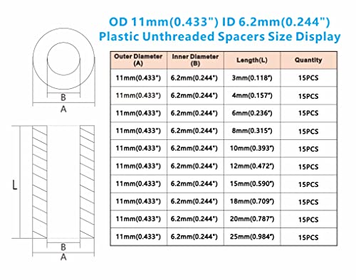 OD11mm ID6.2mm Black ABS Plastic Unthreaded Spacer Kit for M6 Screw - size: OD 11mm ID 6.2mm