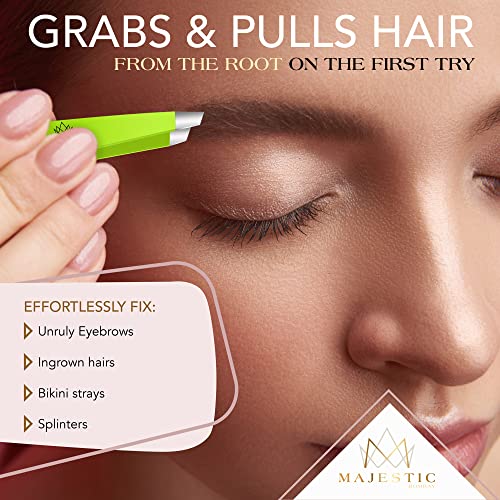 Majestic Bombay Precision Tweezers Set, Fine Point, Slant, Women and Men - color: Green
