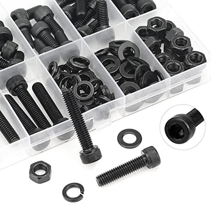 HELIFOUNER 128 Pieces M6 x 8mm /10mm /12mm /16mm /20mm /25mm /30mm, Hex Socket Head Cap Screws Bolts Washers Nuts Kit, 12.9 Grade Alloy Steel, Full Threaded, Black - size: M6, style: Socket Head