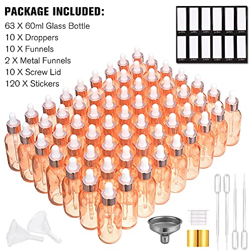 PrettyCare Glass Eye Dropper Bottles 2oz (60ml), 63 Pack Empty Thick Rose Glass Bottles Bulk with Leakproof Caps - With Labels & Funnels for for Storage, Travel,Essential Oils, DIY Serums, Tincture - color: 2oz Rose, style: 63 Pack