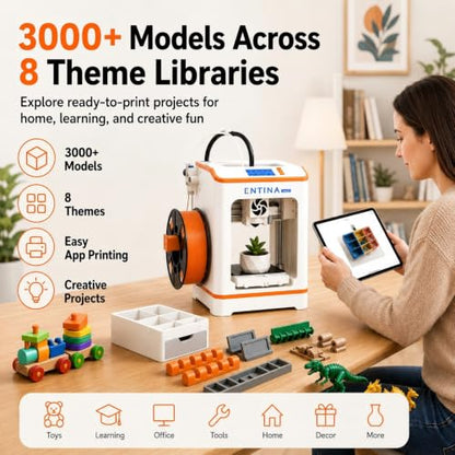 Entina Tina2C Mini 3D Printer Starter Bundle for Kids & Beginners, Fully Assembled, Auto Leveling, Easy Setup, WiFi & App Control, 3000+ Model Library, 20+ Creative DIY Modules, Includes 4-Color PLA - color: Red/White/Blue/Green