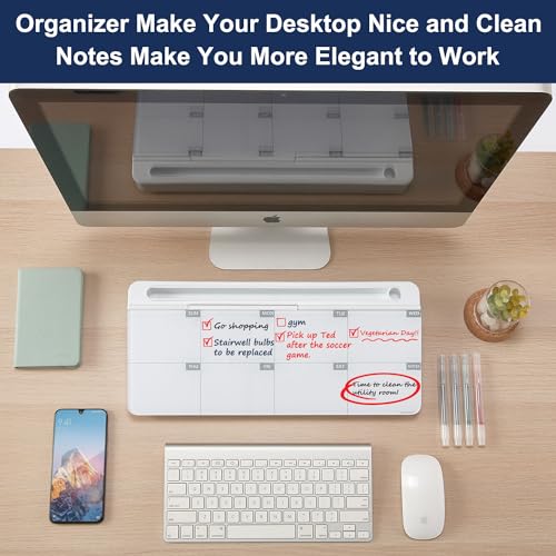 TSJ OFFICE Desktop Whiteboard Dry-Erase-Board - Computer Keyboard Stand White Board Surface Pad with Drawer, Desk Organizers with Accessories for Office, Home, School Supplies - color: White Base/Glass-weekly Calendar