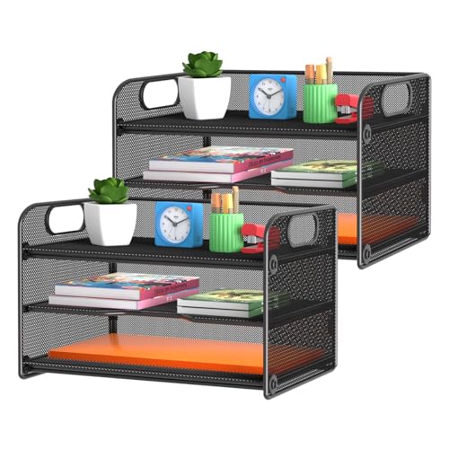 samstar 2 Pack 3 Tier Letter Tray Paper Organizer with Handle, Mesh Desk Organizer Paper Sorter File Rack Shelves, Black - color: Black 3 Tier Pack of 2